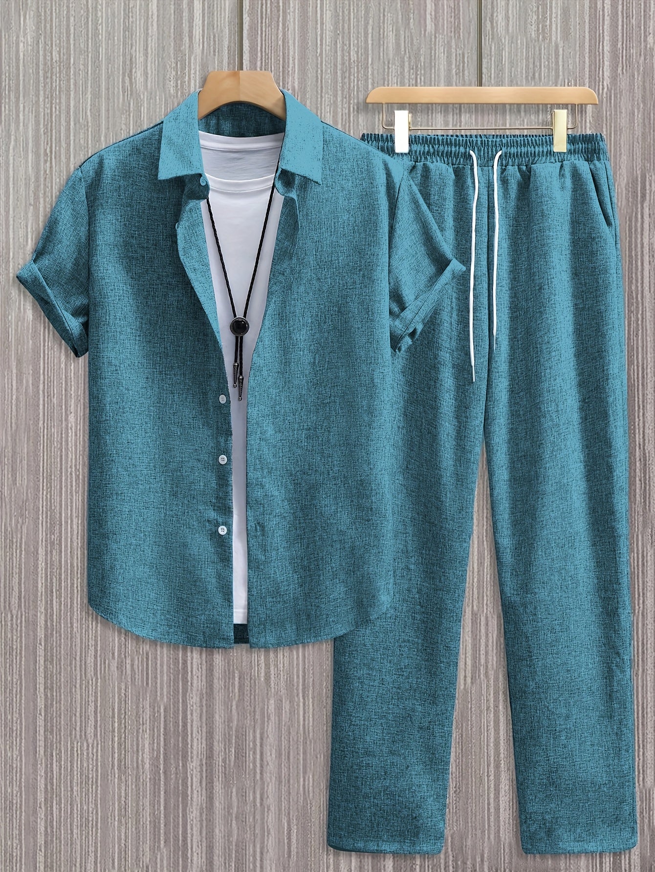 Kebisi 2pcs Men's Solid Color Lapel Short Sleeve Shirt and Long Pants Casual Summer Set