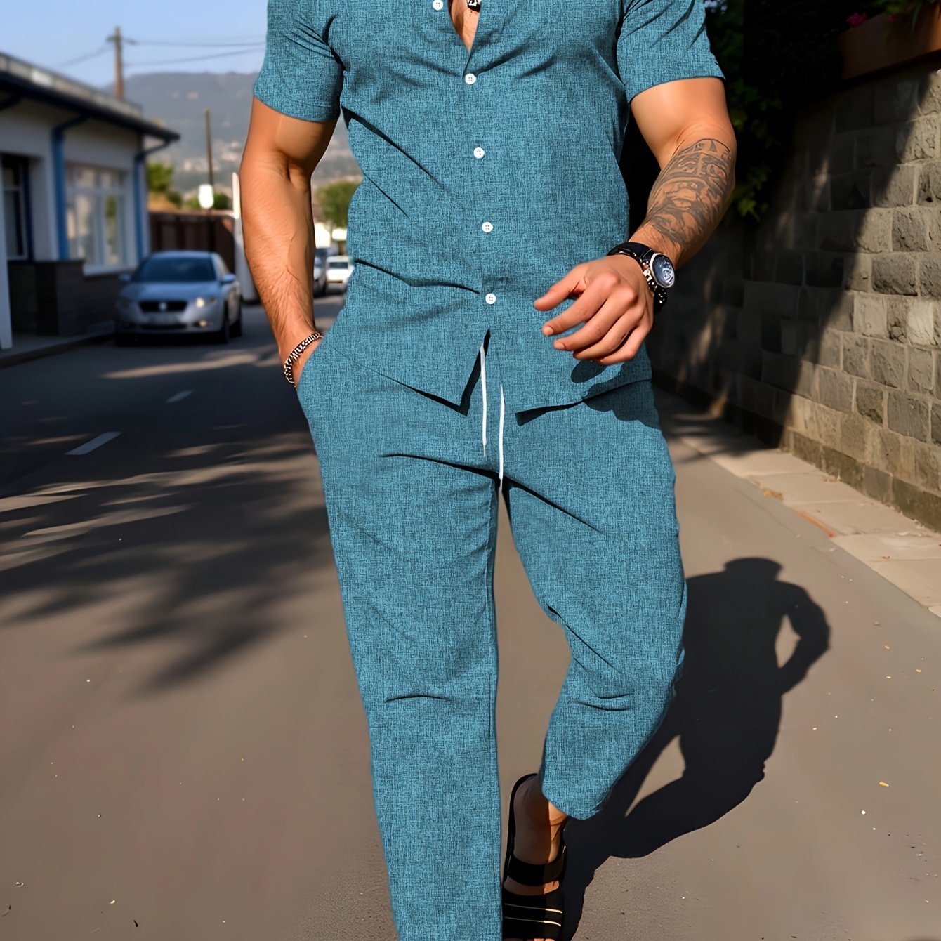 Kebisi 2pcs Men's Solid Color Lapel Short Sleeve Shirt and Long Pants Casual Summer Set