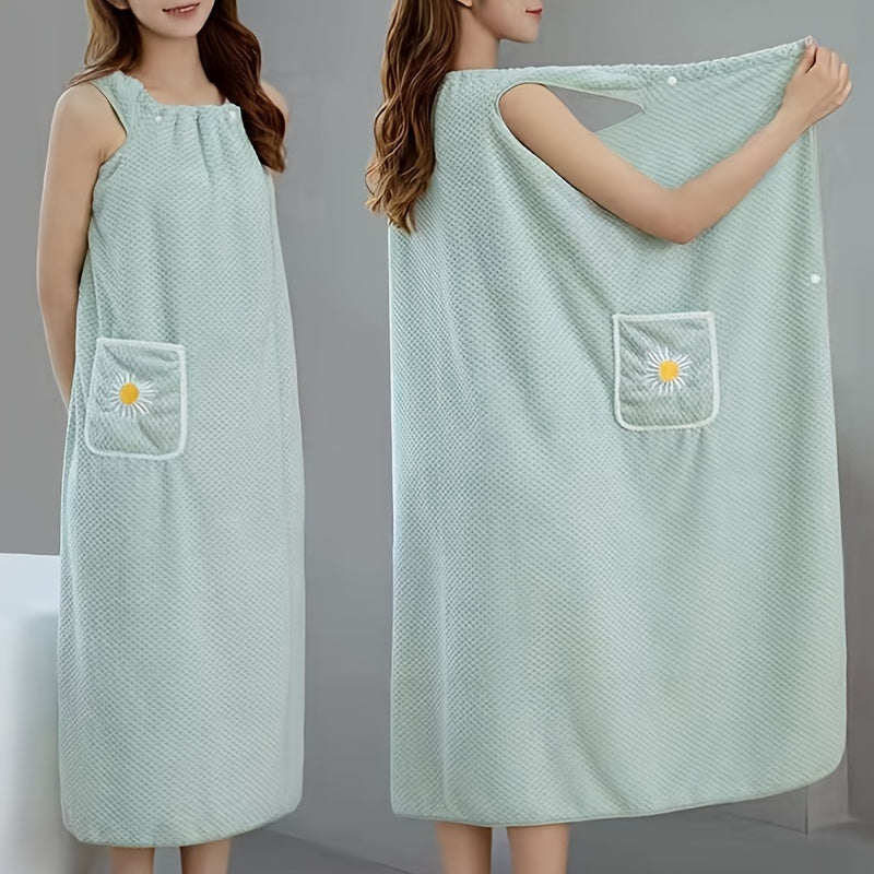 1pc Daisy Pattern Super Absorbent Wearable Bath Towel, Fade-resistant Non-shedding Wrap Towel Dress With Pocket & Buttons, Perfect Gift For Women Wife Girlfriend, Bathroom Supplies, Home Supplies, Bathroom Accessory