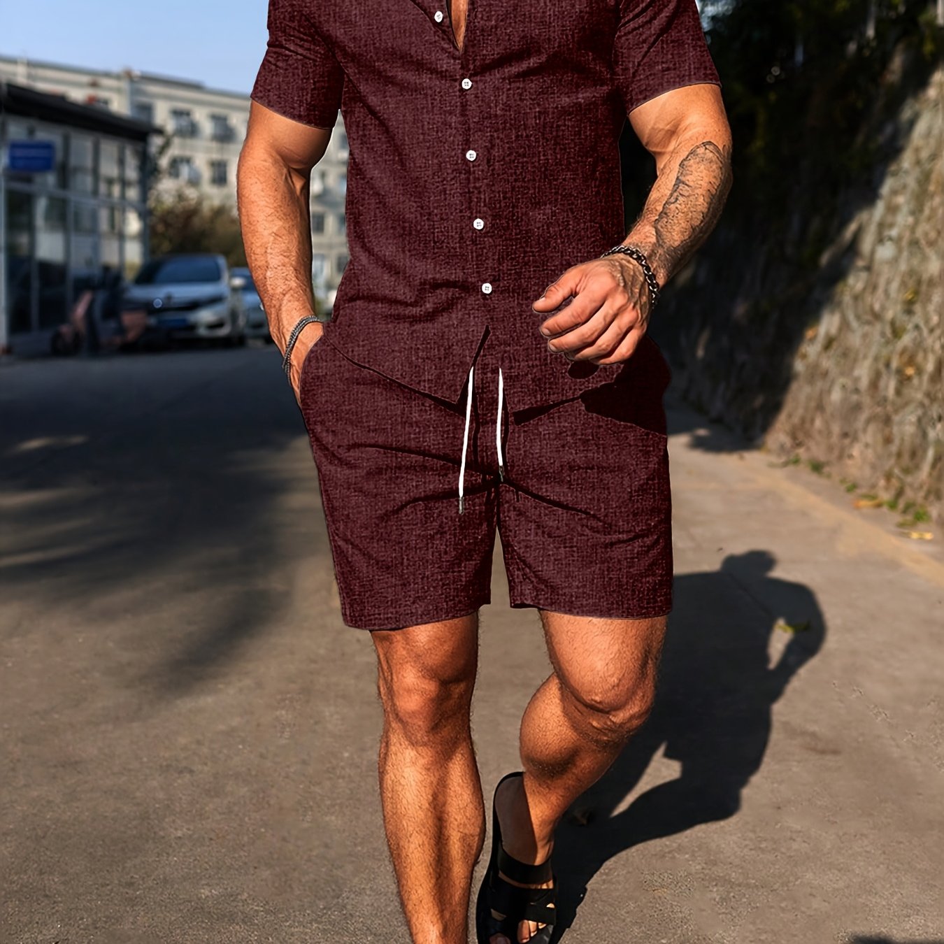 Custom Made 2-Pack Men'S Solid Color Lapel Summer Refreshing Two-Color Linen Fabric Short-Sleeved Shirt And Shorts Casual Summer Suit