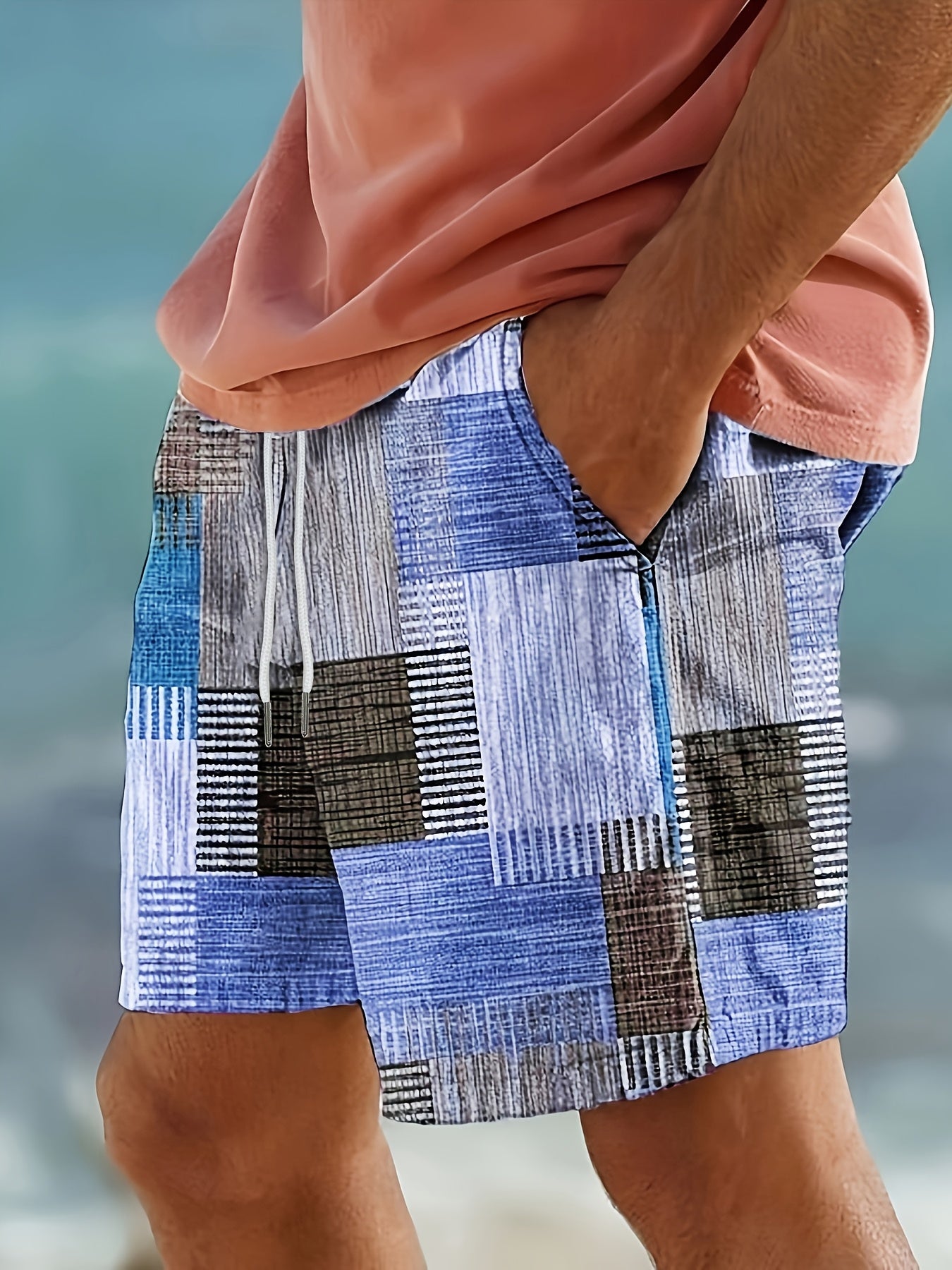 Men'S Casual Summer Beach Shorts - Geometric Pattern, Lightweight Fabric with Slight Stretch, Drawstring Waist, Regular Fit, Perfect for Relaxation and Outdoor Activities, Beach Attire|Geometric Pattern Shorts|Lightweight Shorts