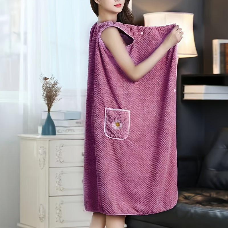 1pc Daisy Pattern Super Absorbent Wearable Bath Towel, Fade-resistant Non-shedding Wrap Towel Dress With Pocket & Buttons, Perfect Gift For Women Wife Girlfriend, Bathroom Supplies, Home Supplies, Bathroom Accessory