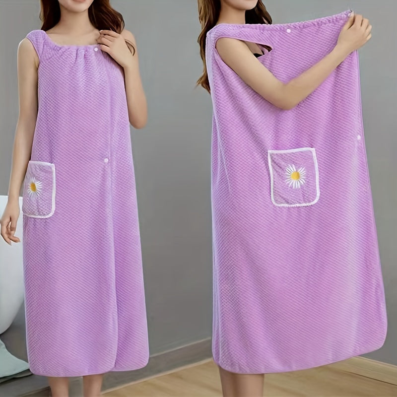 1pc Daisy Pattern Super Absorbent Wearable Bath Towel, Fade-resistant Non-shedding Wrap Towel Dress With Pocket & Buttons, Perfect Gift For Women Wife Girlfriend, Bathroom Supplies, Home Supplies, Bathroom Accessory