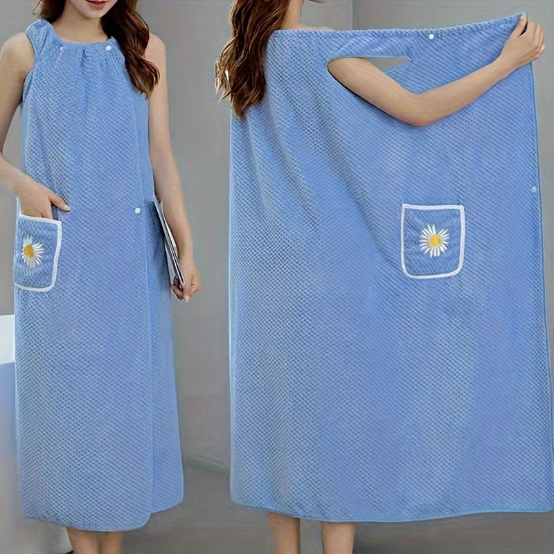 1pc Daisy Pattern Super Absorbent Wearable Bath Towel, Fade-resistant Non-shedding Wrap Towel Dress With Pocket & Buttons, Perfect Gift For Women Wife Girlfriend, Bathroom Supplies, Home Supplies, Bathroom Accessory
