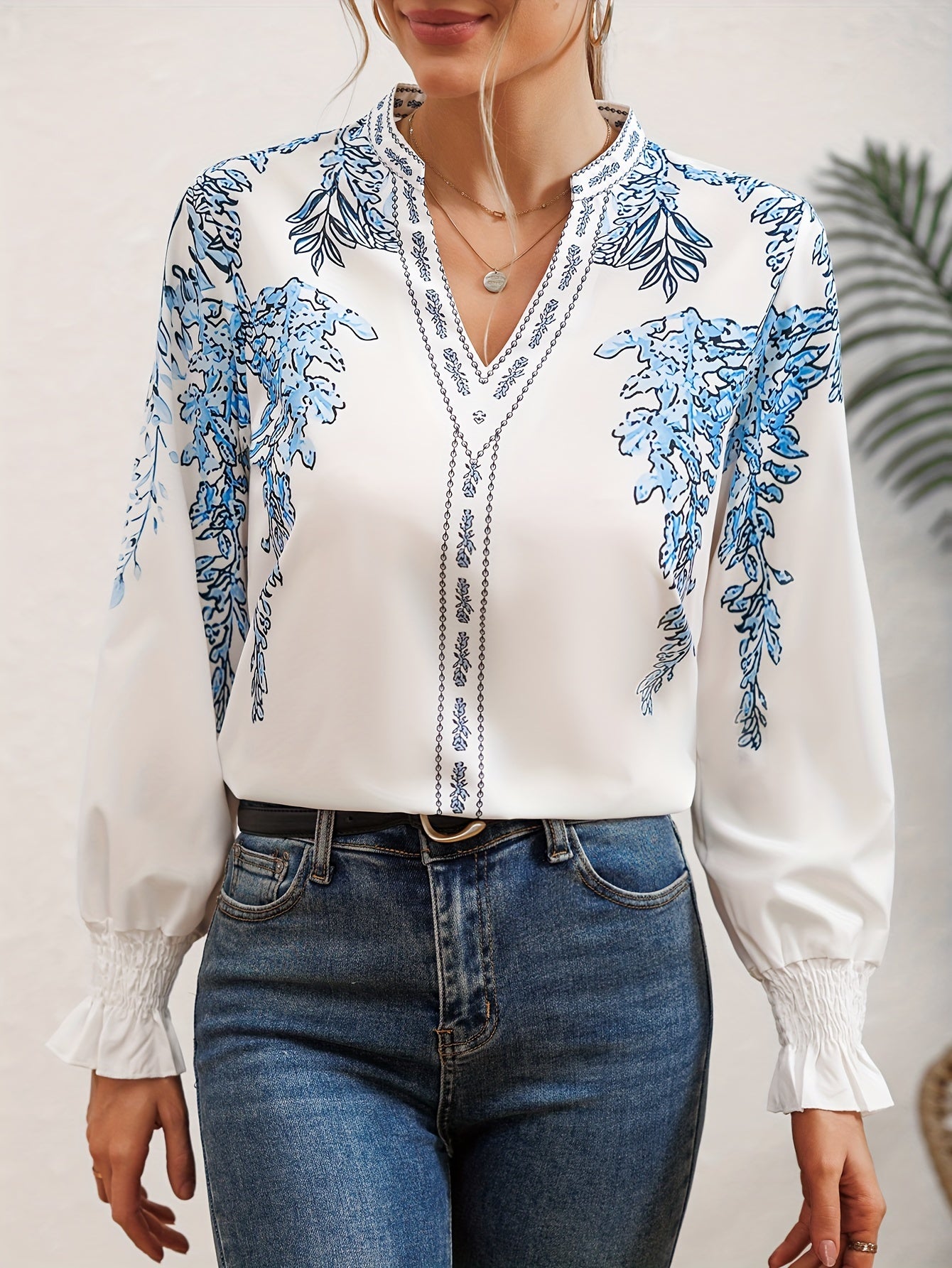 Elegant Floral Print Flounce Sleeve Blouse