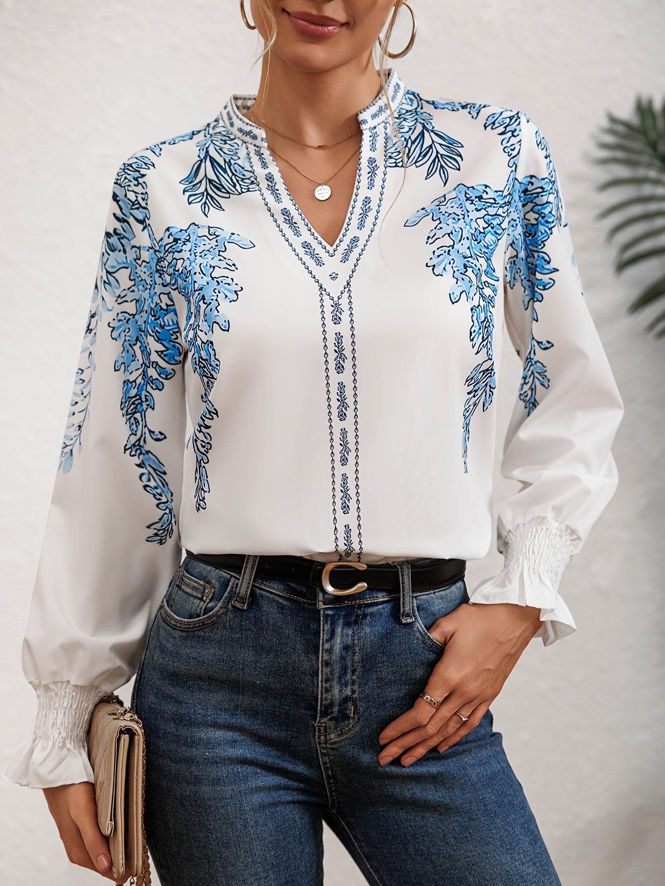 Elegant Floral Print Flounce Sleeve Blouse