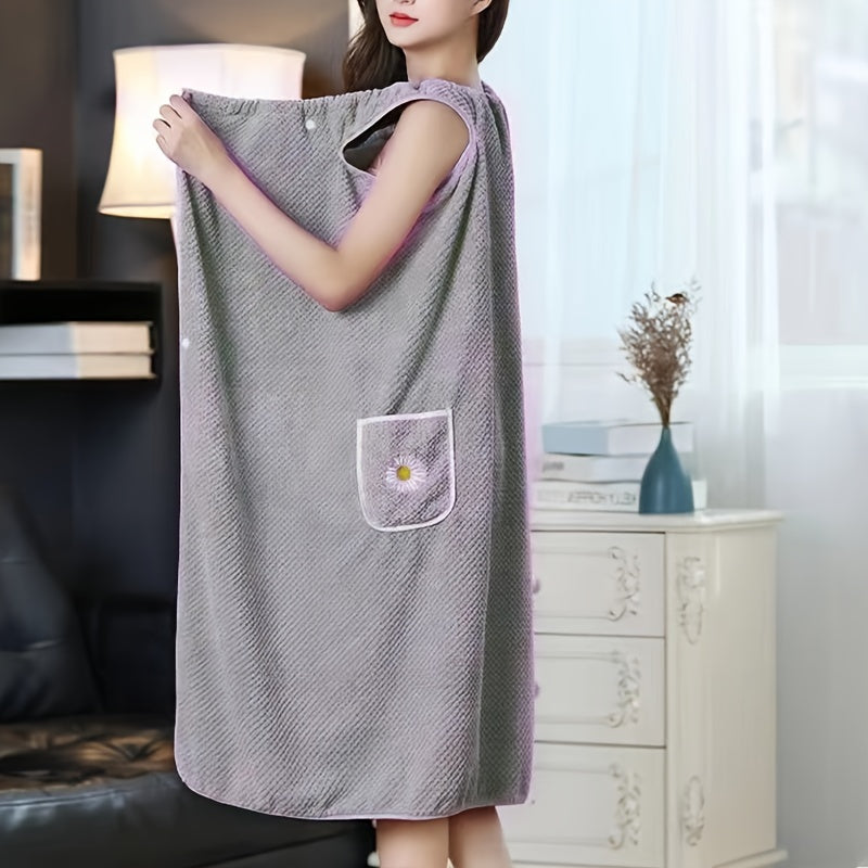 1pc Daisy Pattern Super Absorbent Wearable Bath Towel, Fade-resistant Non-shedding Wrap Towel Dress With Pocket & Buttons, Perfect Gift For Women Wife Girlfriend, Bathroom Supplies, Home Supplies, Bathroom Accessory