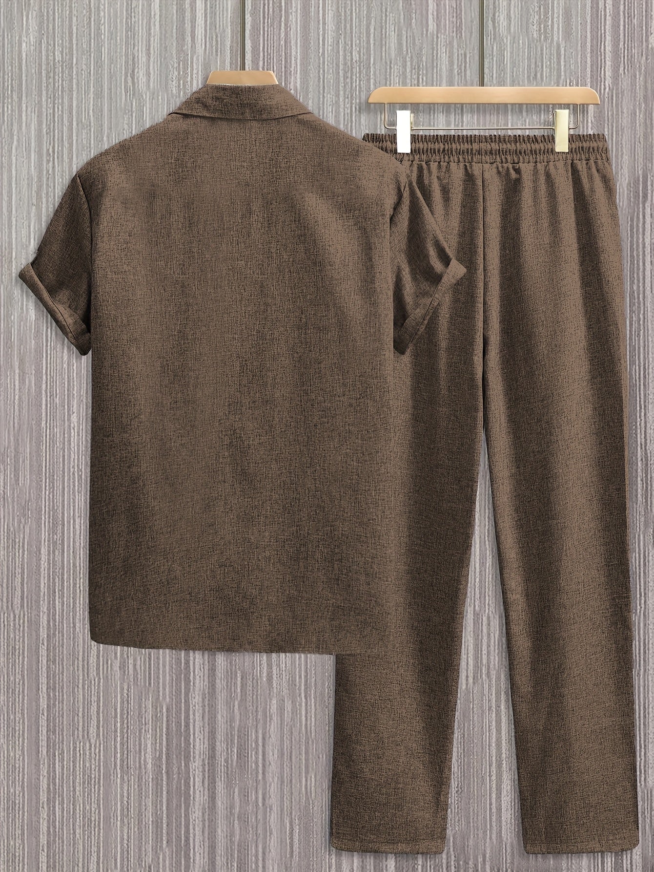 Kebisi 2pcs Men's Solid Color Lapel Short Sleeve Shirt and Long Pants Casual Summer Set