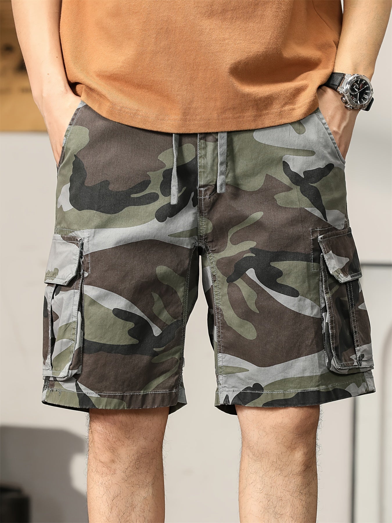 Men's Camouflage Cargo Shorts, Cotton Street Style, Stretch Fabric, Regular Fit, Pocket Detail, Woven Construction