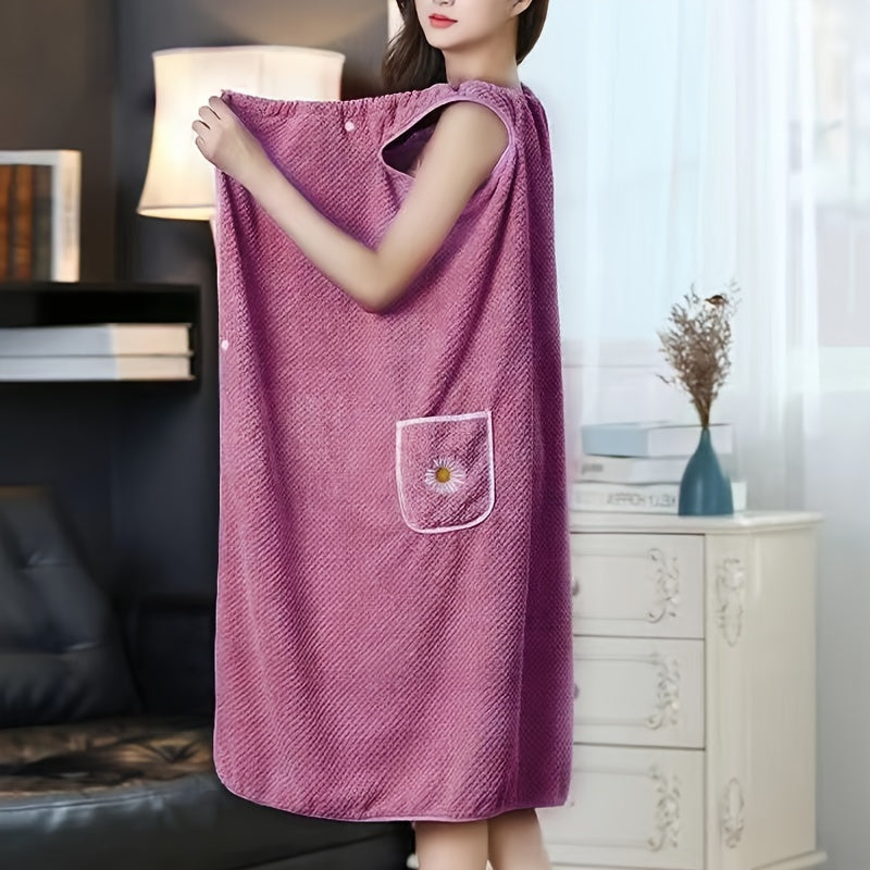 1pc Daisy Pattern Super Absorbent Wearable Bath Towel, Fade-resistant Non-shedding Wrap Towel Dress With Pocket & Buttons, Perfect Gift For Women Wife Girlfriend, Bathroom Supplies, Home Supplies, Bathroom Accessory