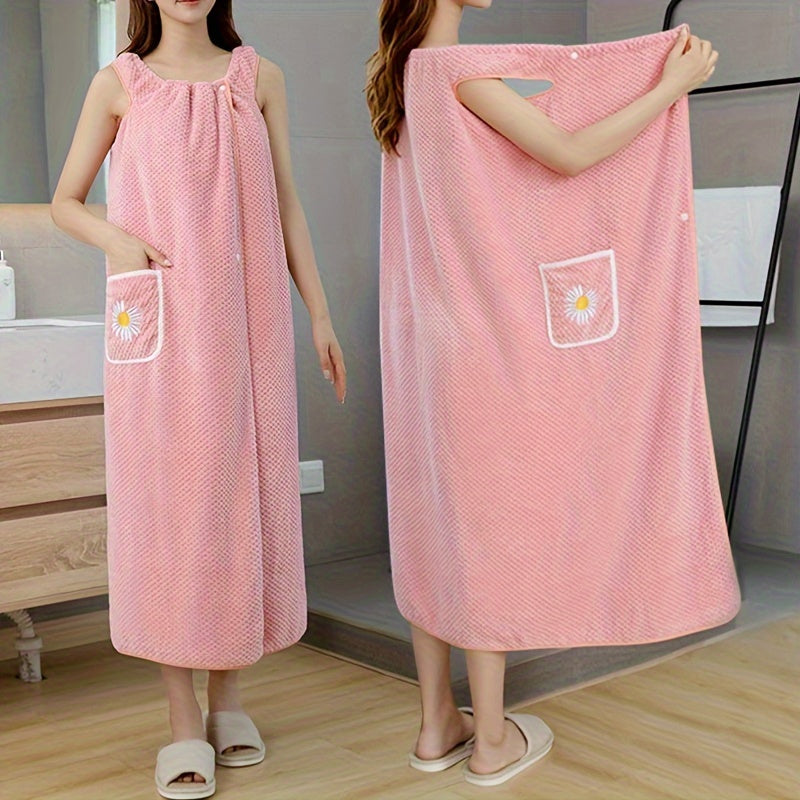 1pc Daisy Pattern Super Absorbent Wearable Bath Towel, Fade-resistant Non-shedding Wrap Towel Dress With Pocket & Buttons, Perfect Gift For Women Wife Girlfriend, Bathroom Supplies, Home Supplies, Bathroom Accessory