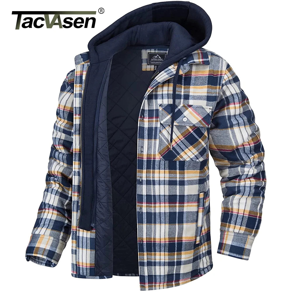 TACVASEN–veste en flanelle pour homme avec capuche amovible, Plaid matelassé doublé, manteaux d'hiver épais à capuche, vêtements d'extérieur, Chemise à carreaux et veste en flanelle 100% coton haute qualité et conforta