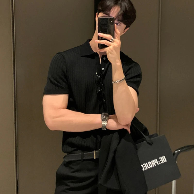 Vêtements d'été pour hommes rétro tricot revers rayé Polo couleur unie à manches courtes mode léger luxe populaire tricots M-3XL