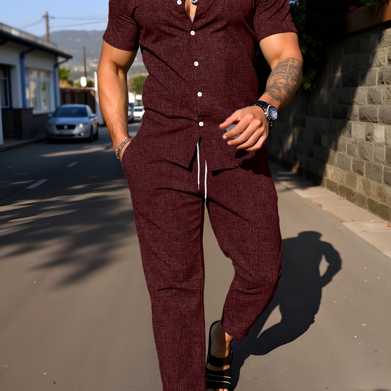 Kebisi 2pcs Men's Solid Color Lapel Short Sleeve Shirt and Long Pants Casual Summer Set