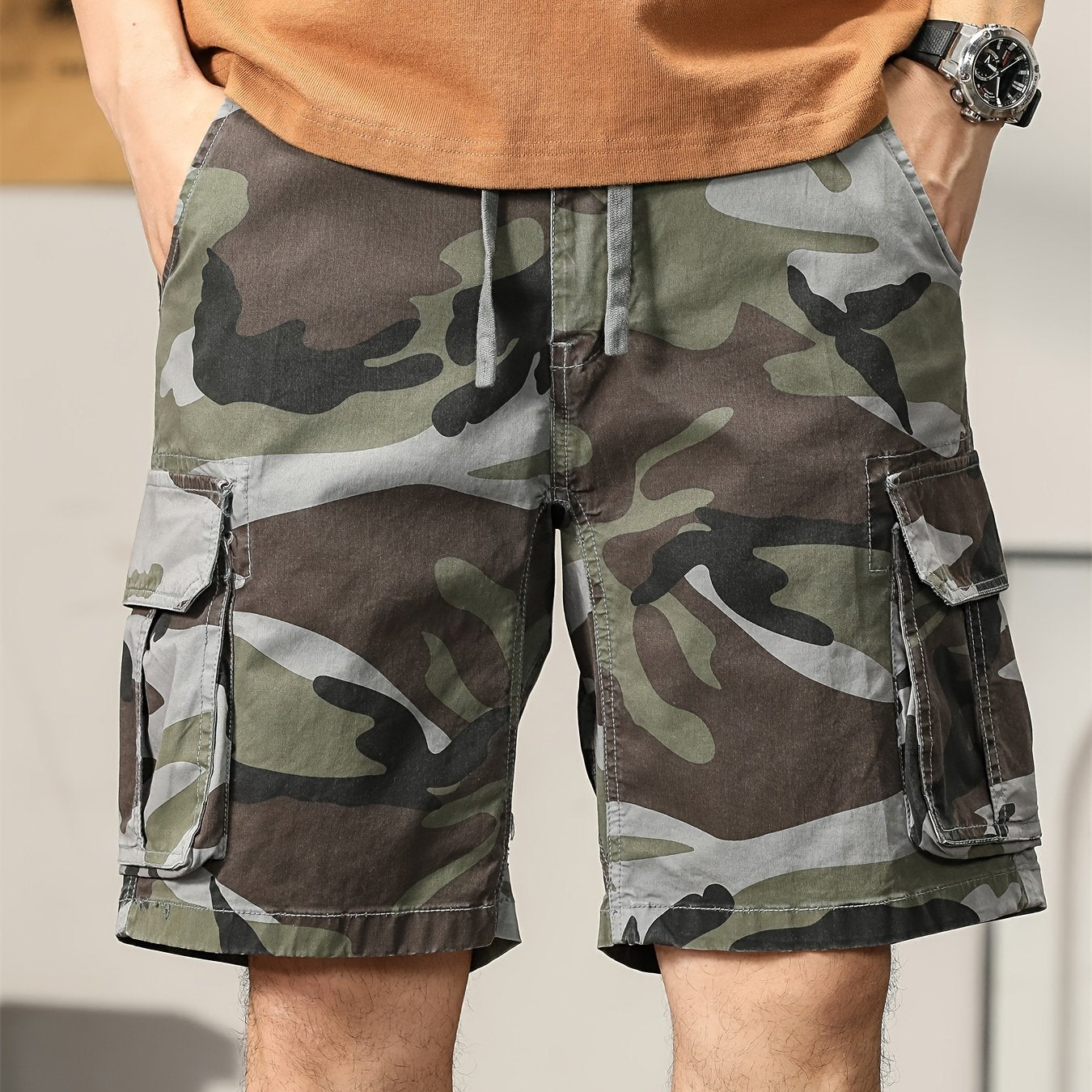 Men's Camouflage Cargo Shorts, Cotton Street Style, Stretch Fabric, Regular Fit, Pocket Detail, Woven Construction