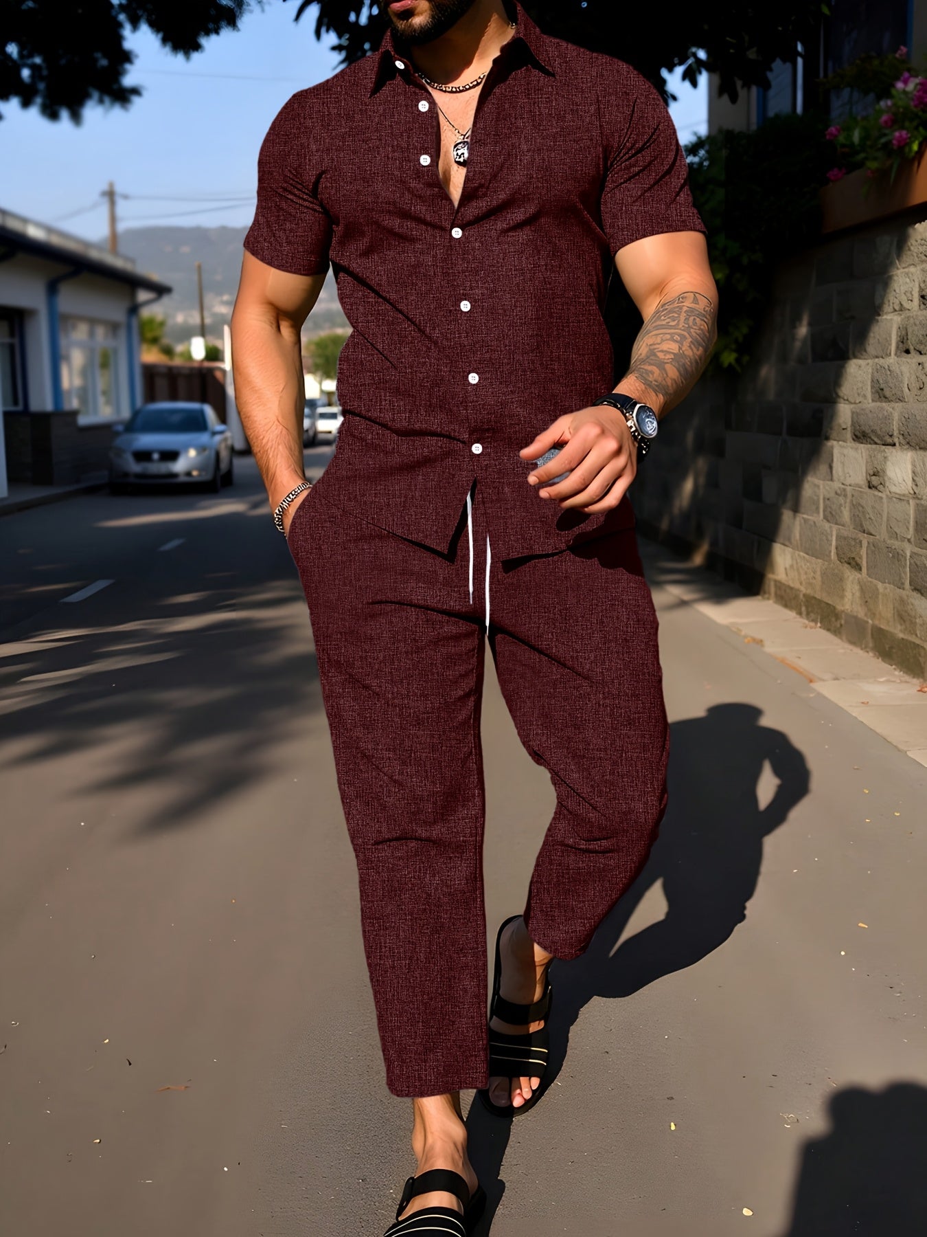 Kebisi 2pcs Men's Solid Color Lapel Short Sleeve Shirt and Long Pants Casual Summer Set