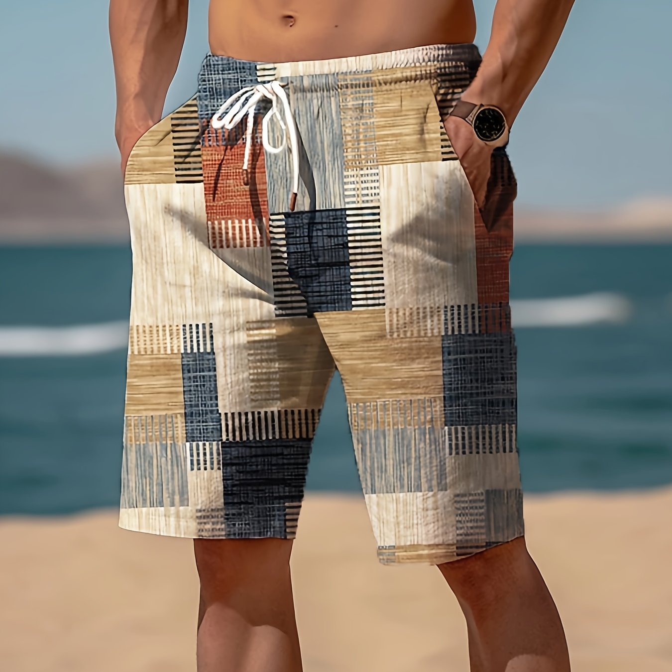 Men'S Casual Summer Beach Shorts - Geometric Pattern, Lightweight Fabric with Slight Stretch, Drawstring Waist, Regular Fit, Perfect for Relaxation and Outdoor Activities, Beach Attire|Geometric Pattern Shorts|Lightweight Shorts