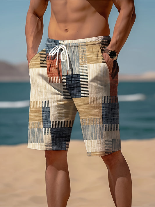 Men'S Casual Summer Beach Shorts - Geometric Pattern, Lightweight Fabric with Slight Stretch, Drawstring Waist, Regular Fit, Perfect for Relaxation and Outdoor Activities, Beach Attire|Geometric Pattern Shorts|Lightweight Shorts