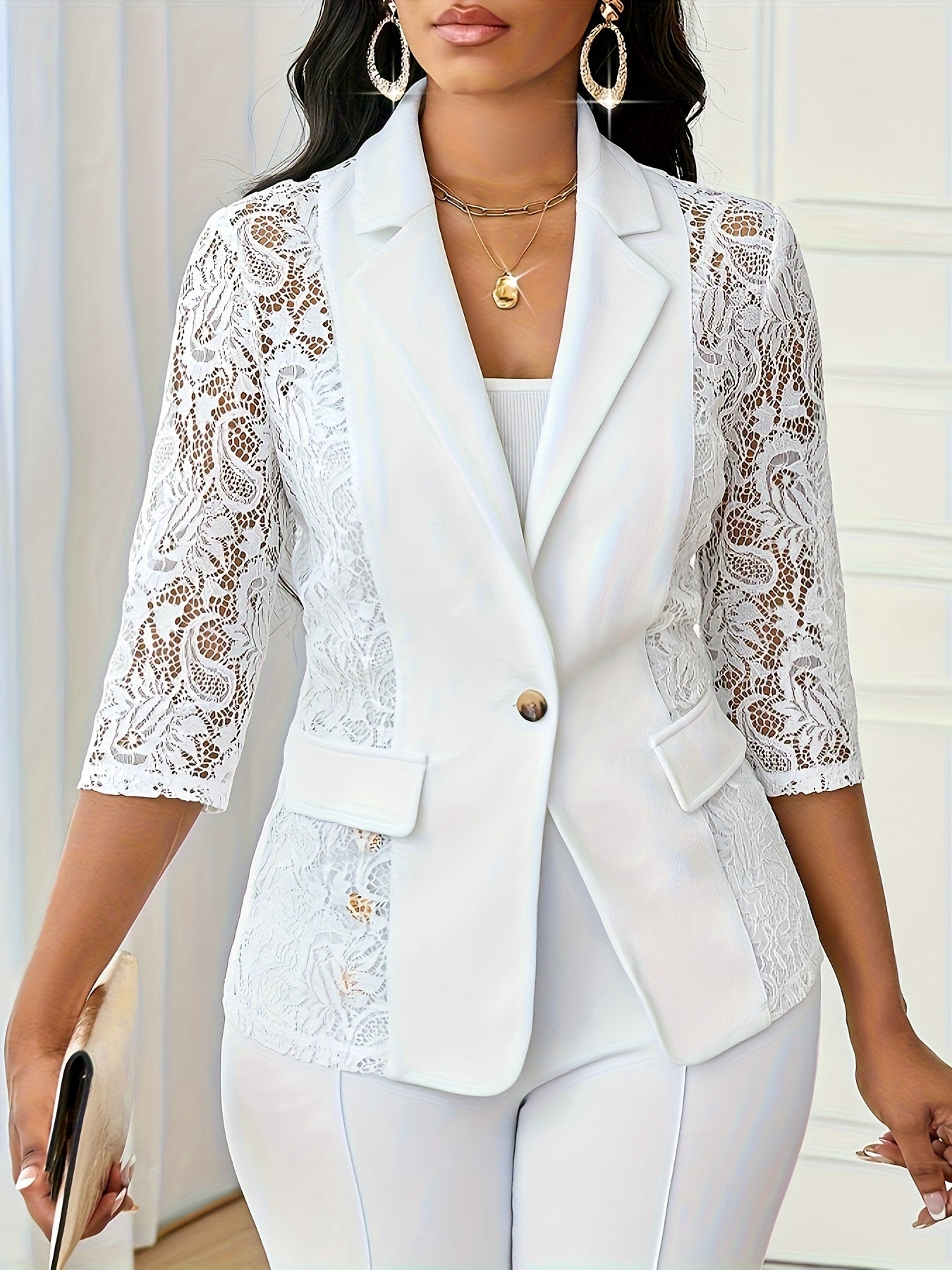 Contrast Lace Open Front Blazer Casual 3/4 Sleeve Blazer For Spring & Fall, Women's Clothing