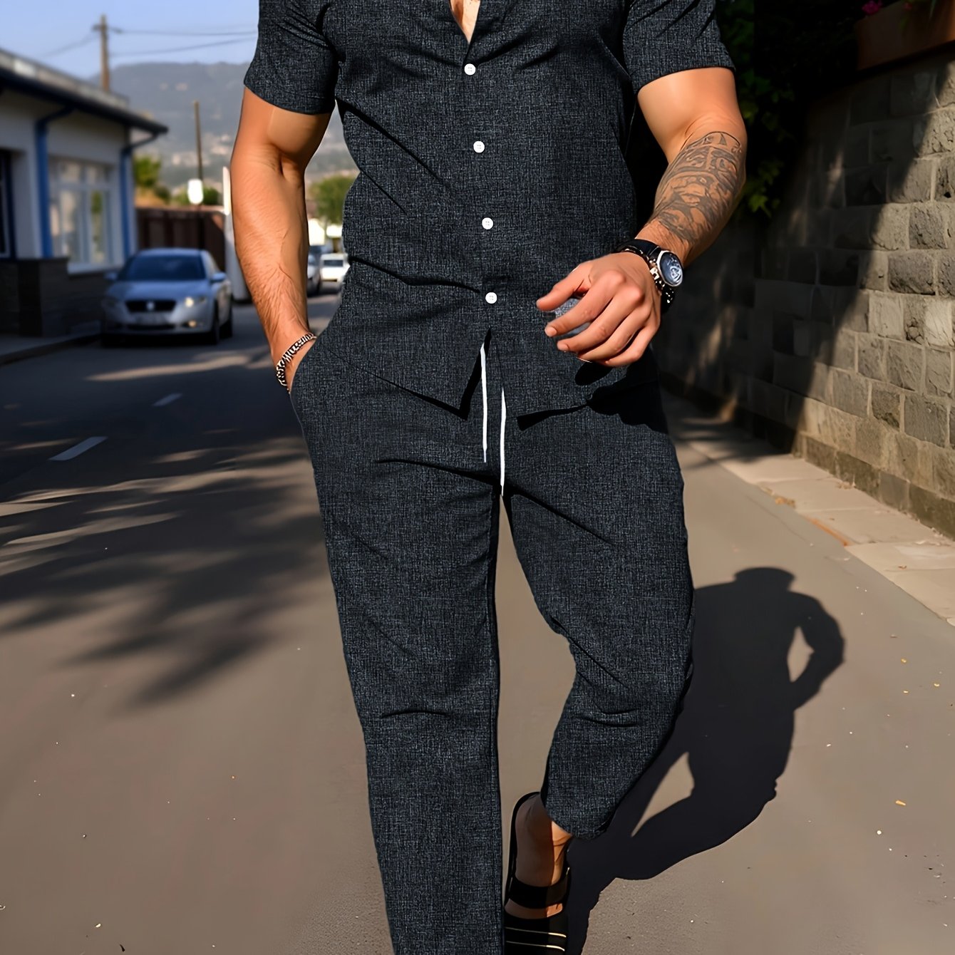 Kebisi 2pcs Men's Solid Color Lapel Short Sleeve Shirt and Long Pants Casual Summer Set