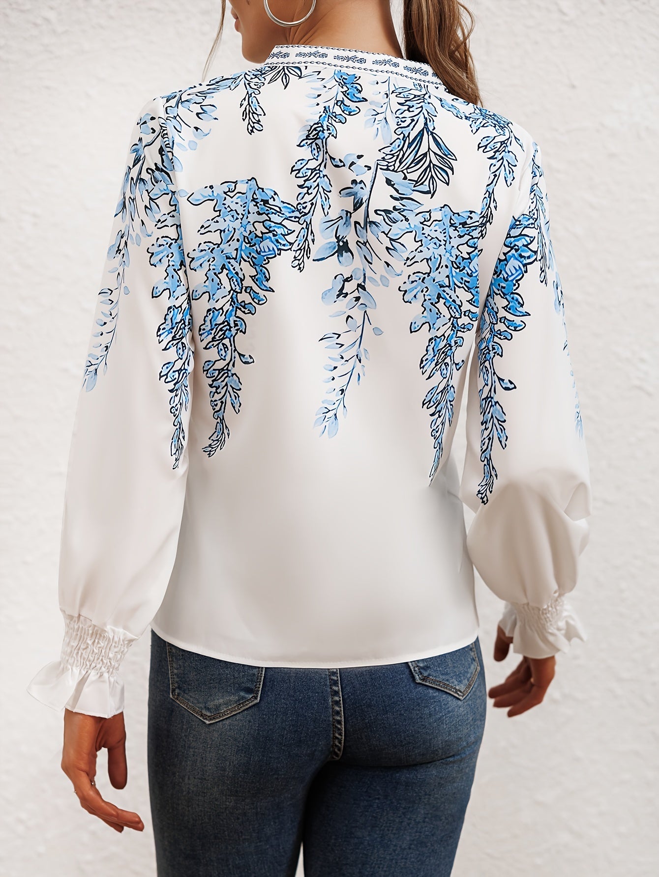 Elegant Floral Print Flounce Sleeve Blouse