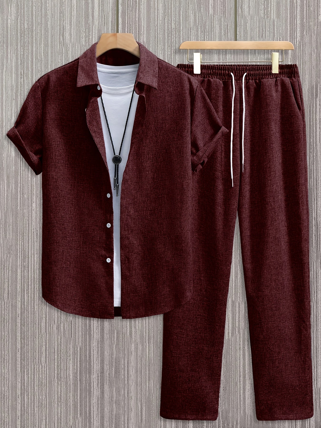 Kebisi 2pcs Men's Solid Color Lapel Short Sleeve Shirt and Long Pants Casual Summer Set