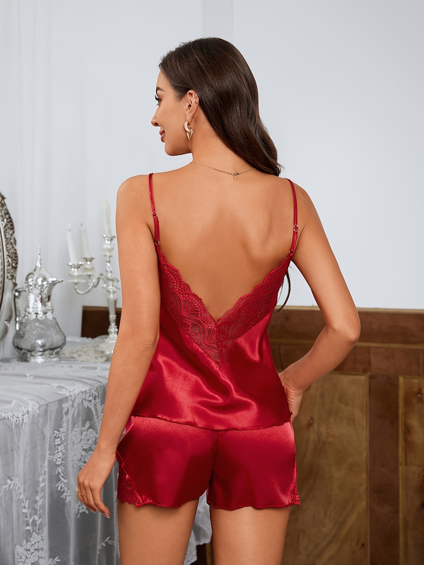 Solid Satin Contrast Lace Pajama Set, Sexy V Neck Backless Cami Top & Elastic Shorts, Women's Sleepwear
