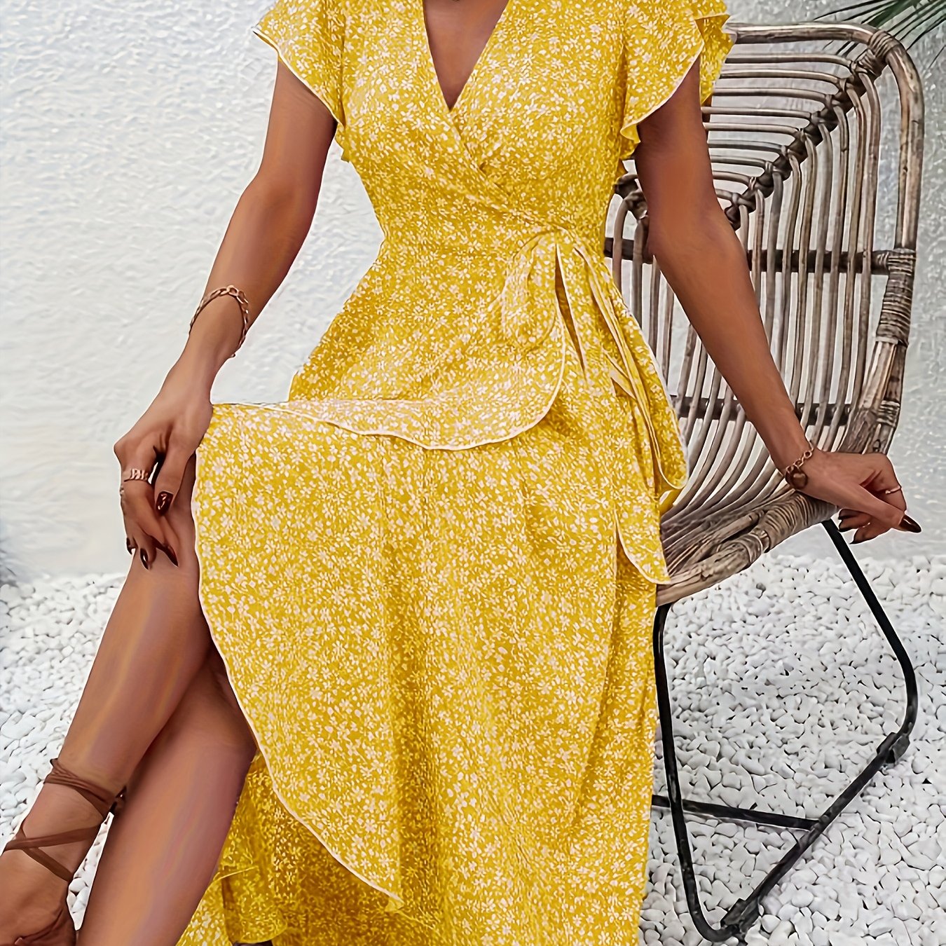 Elegant Red Floral V-Neck Midi Dress for Women - Short Sleeve, Asymmetrical Hem, Flowy A-Line Silhouette, Lightweight Polyester Fabric, Perfect for Spring/Summer/Fall, Formal Summer Dress | Floral Print Dress | Polyester Dres