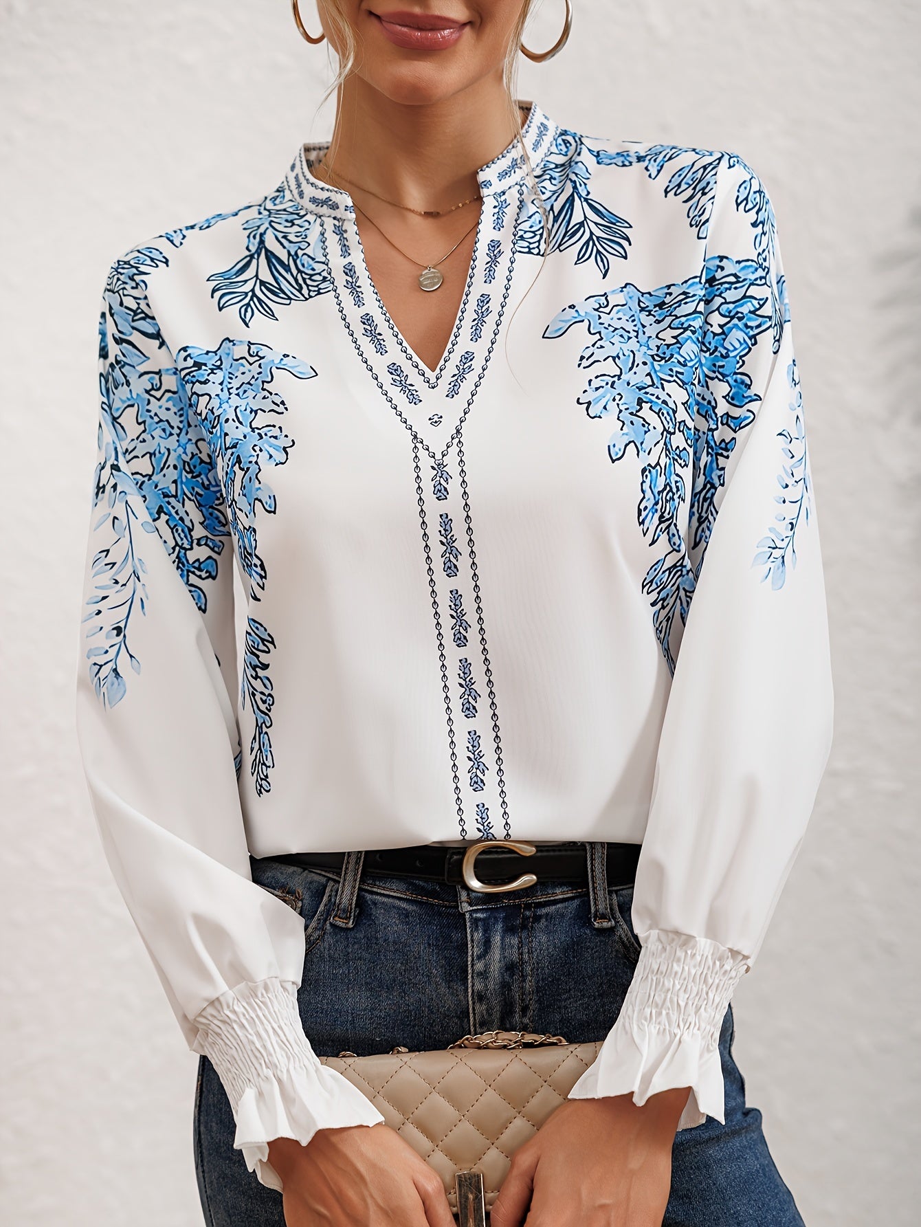 Elegant Floral Print Flounce Sleeve Blouse