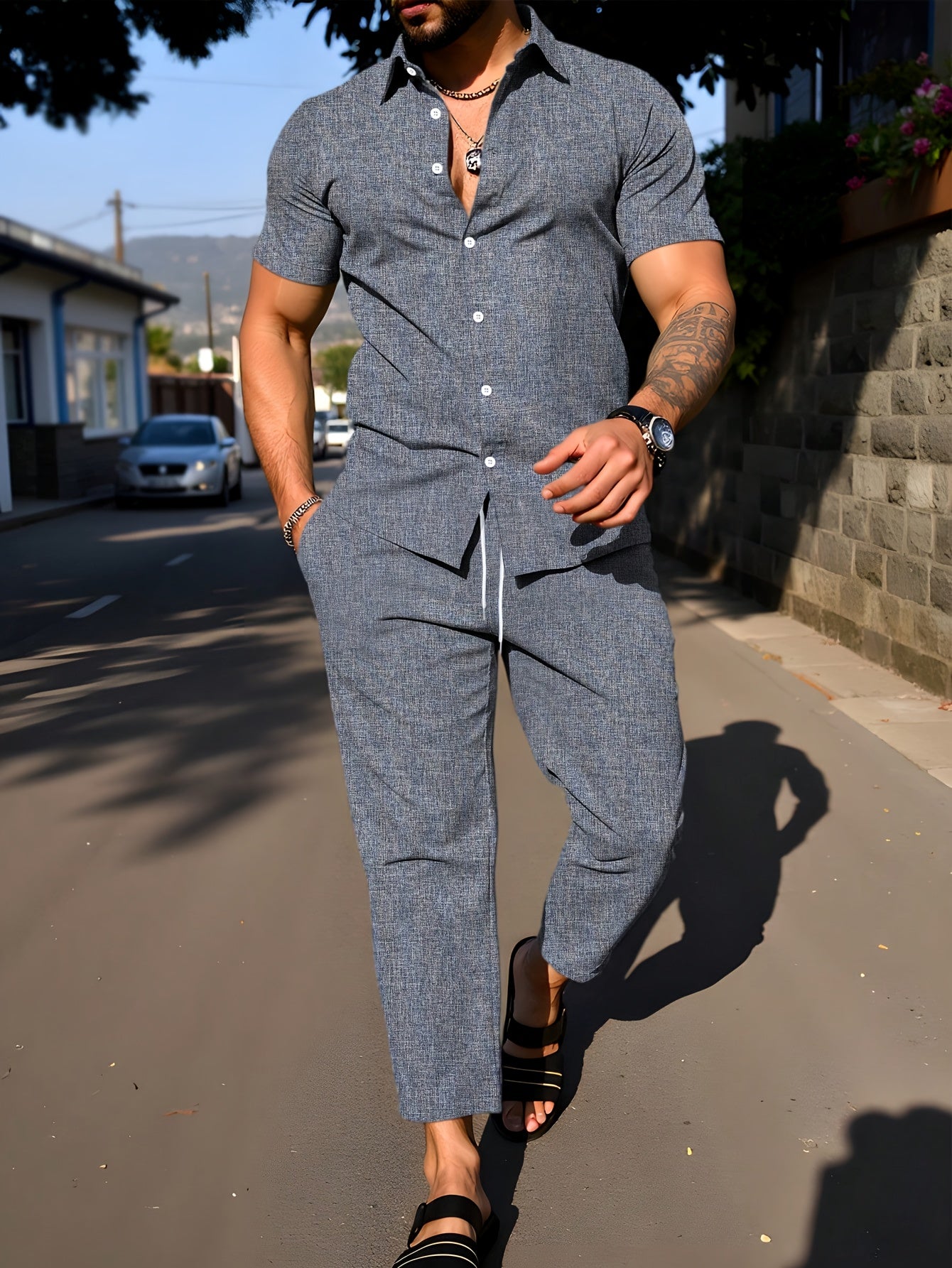 Kebisi 2pcs Men's Solid Color Lapel Short Sleeve Shirt and Long Pants Casual Summer Set
