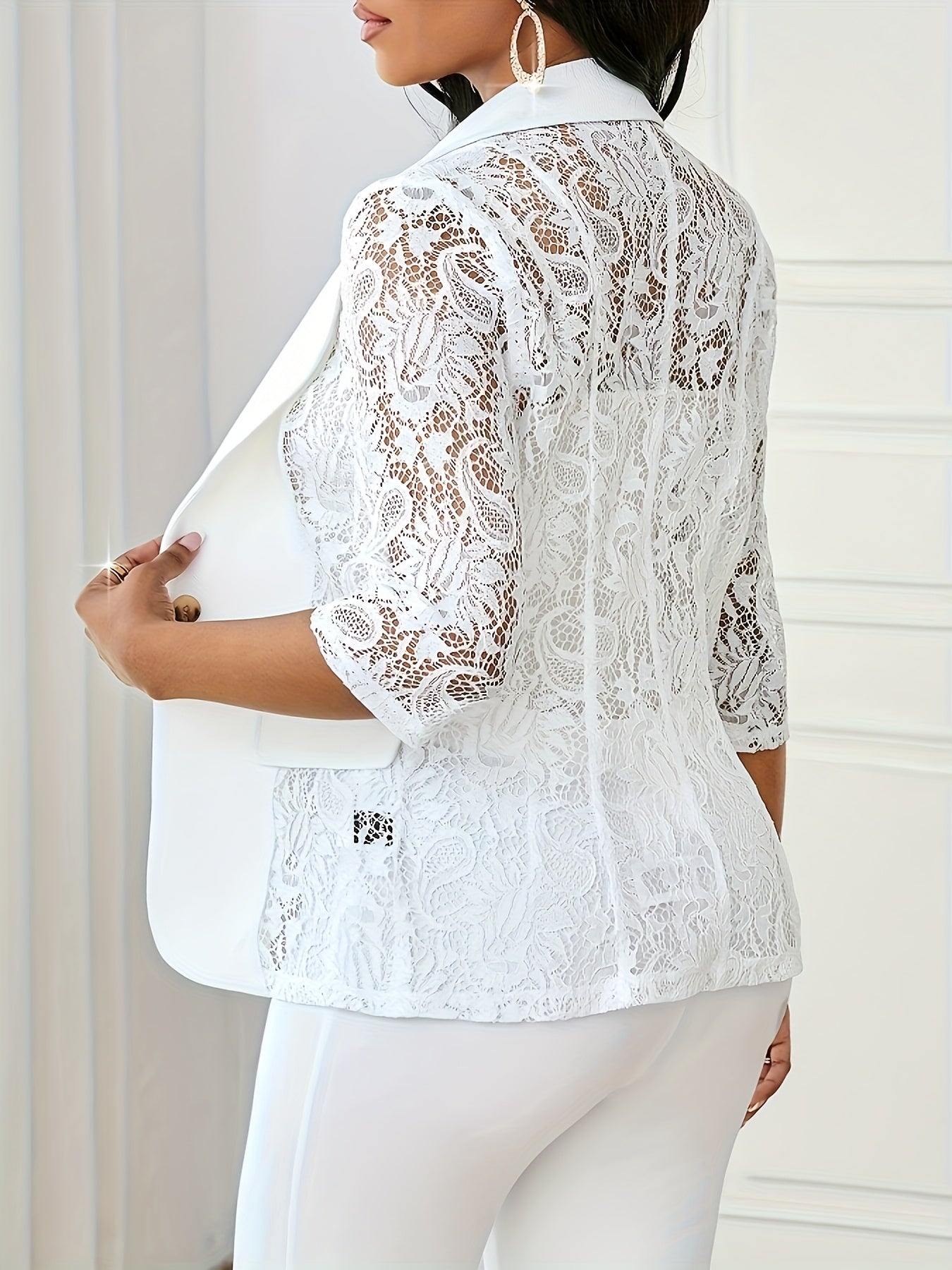 Contrast Lace Open Front Blazer Casual 3/4 Sleeve Blazer For Spring & Fall, Women's Clothing