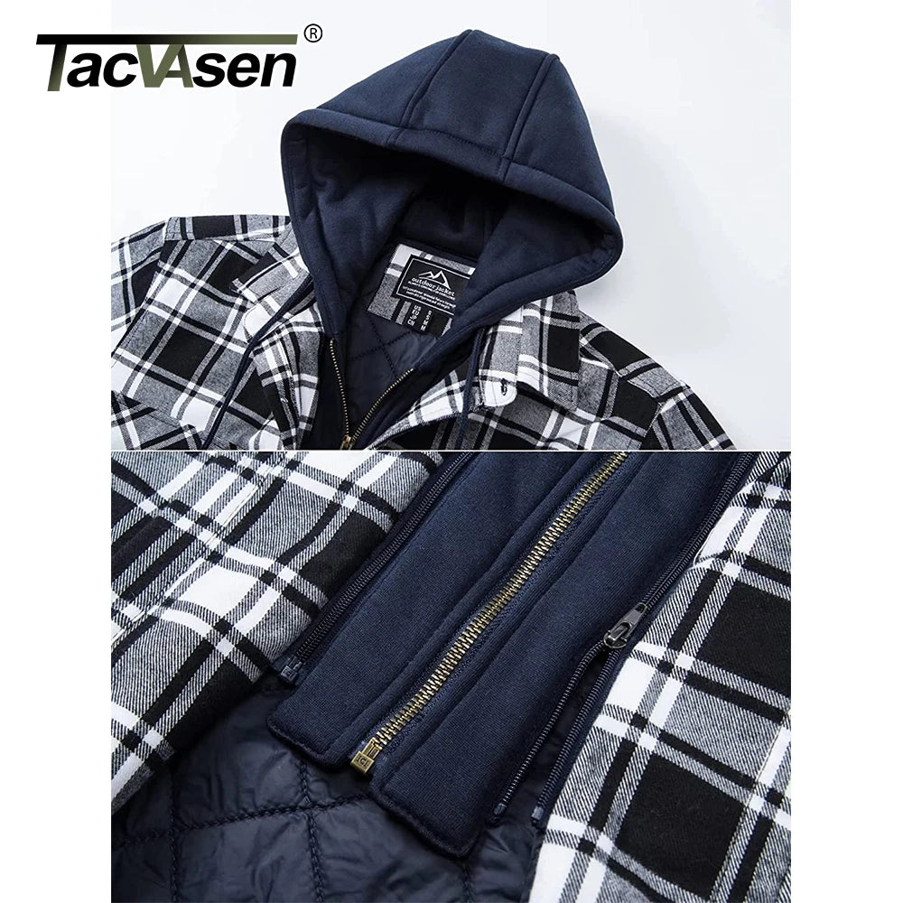 TACVASEN–veste en flanelle pour homme avec capuche amovible, Plaid matelassé doublé, manteaux d'hiver épais à capuche, vêtements d'extérieur, Chemise à carreaux et veste en flanelle 100% coton haute qualité et conforta