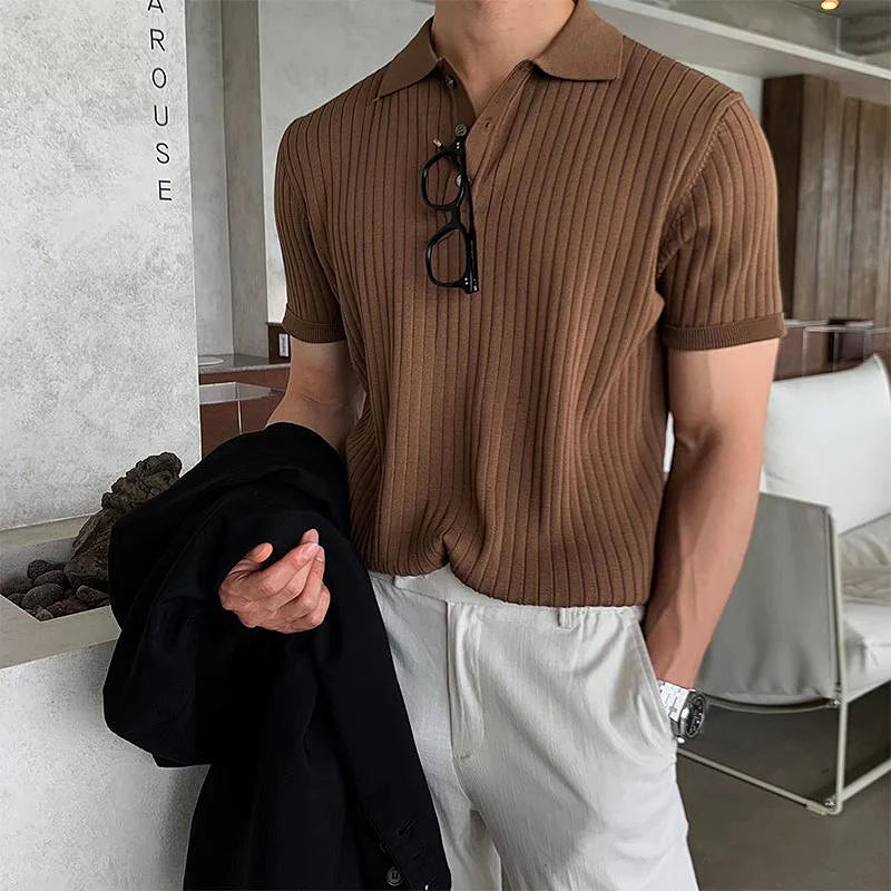 Vêtements d'été pour hommes rétro tricot revers rayé Polo couleur unie à manches courtes mode léger luxe populaire tricots M-3XL