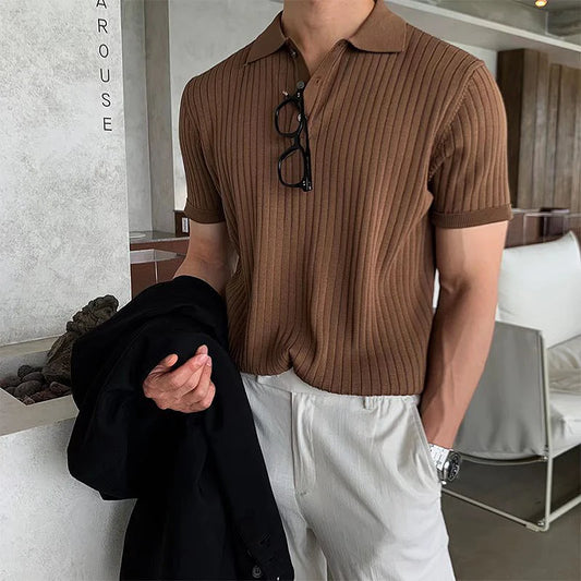 Vêtements d'été pour hommes rétro tricot revers rayé Polo couleur unie à manches courtes mode léger luxe populaire tricots M-3XL