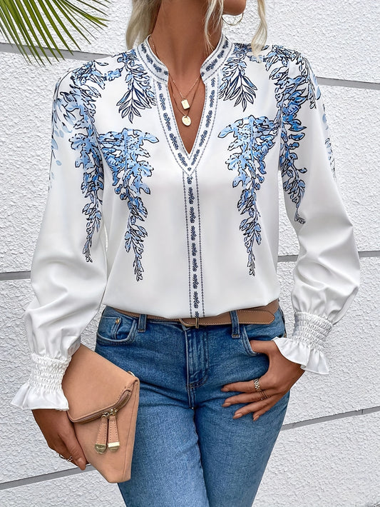 Elegant Floral Print Flounce Sleeve Blouse