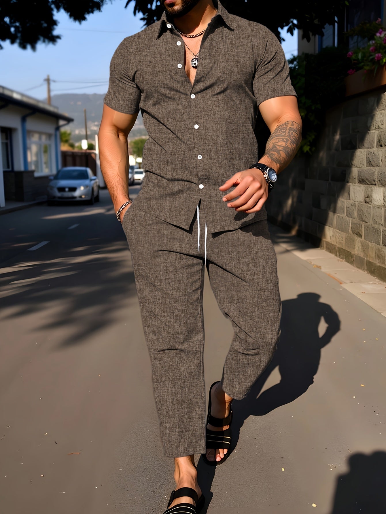 Kebisi 2pcs Men's Solid Color Lapel Short Sleeve Shirt and Long Pants Casual Summer Set
