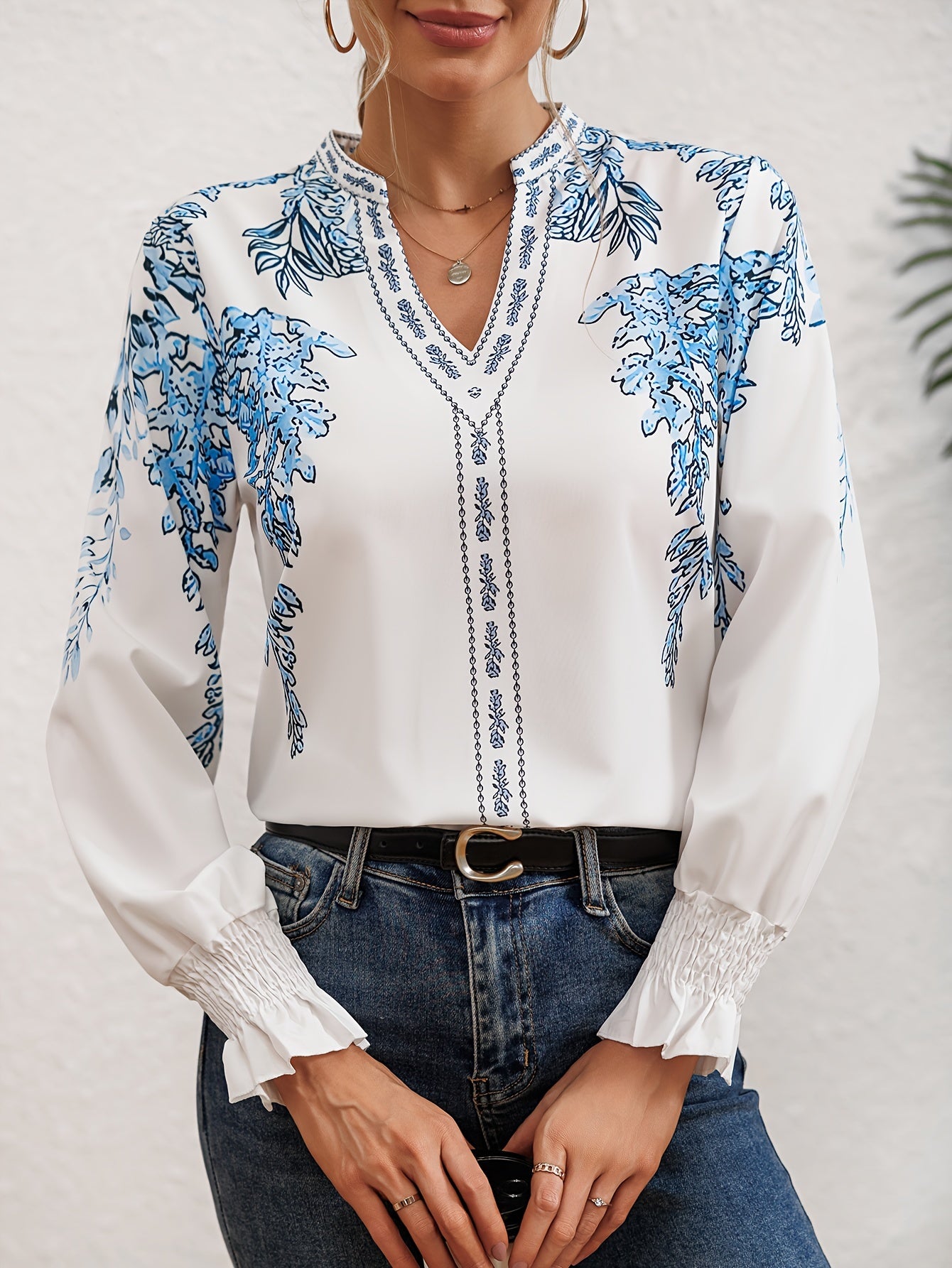 Elegant Floral Print Flounce Sleeve Blouse