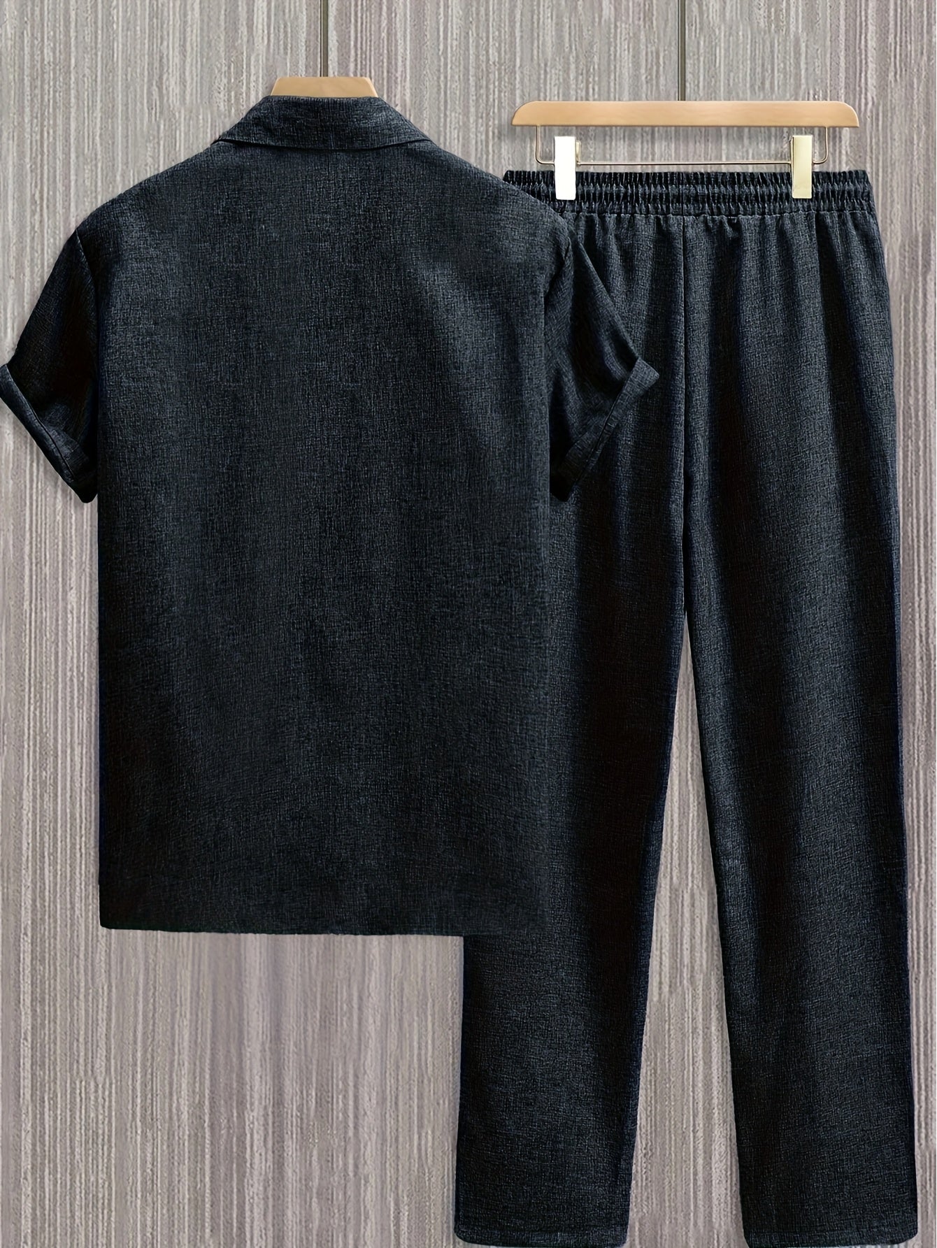 Kebisi 2pcs Men's Solid Color Lapel Short Sleeve Shirt and Long Pants Casual Summer Set
