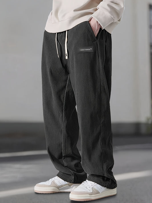 Men'S Corduroy Casual Pants with Drawstring Waist - Breathable, Comfortable Fit, Solid Colors (Black, Blue, Beige, Brown), Perfect for Everyday Activitie