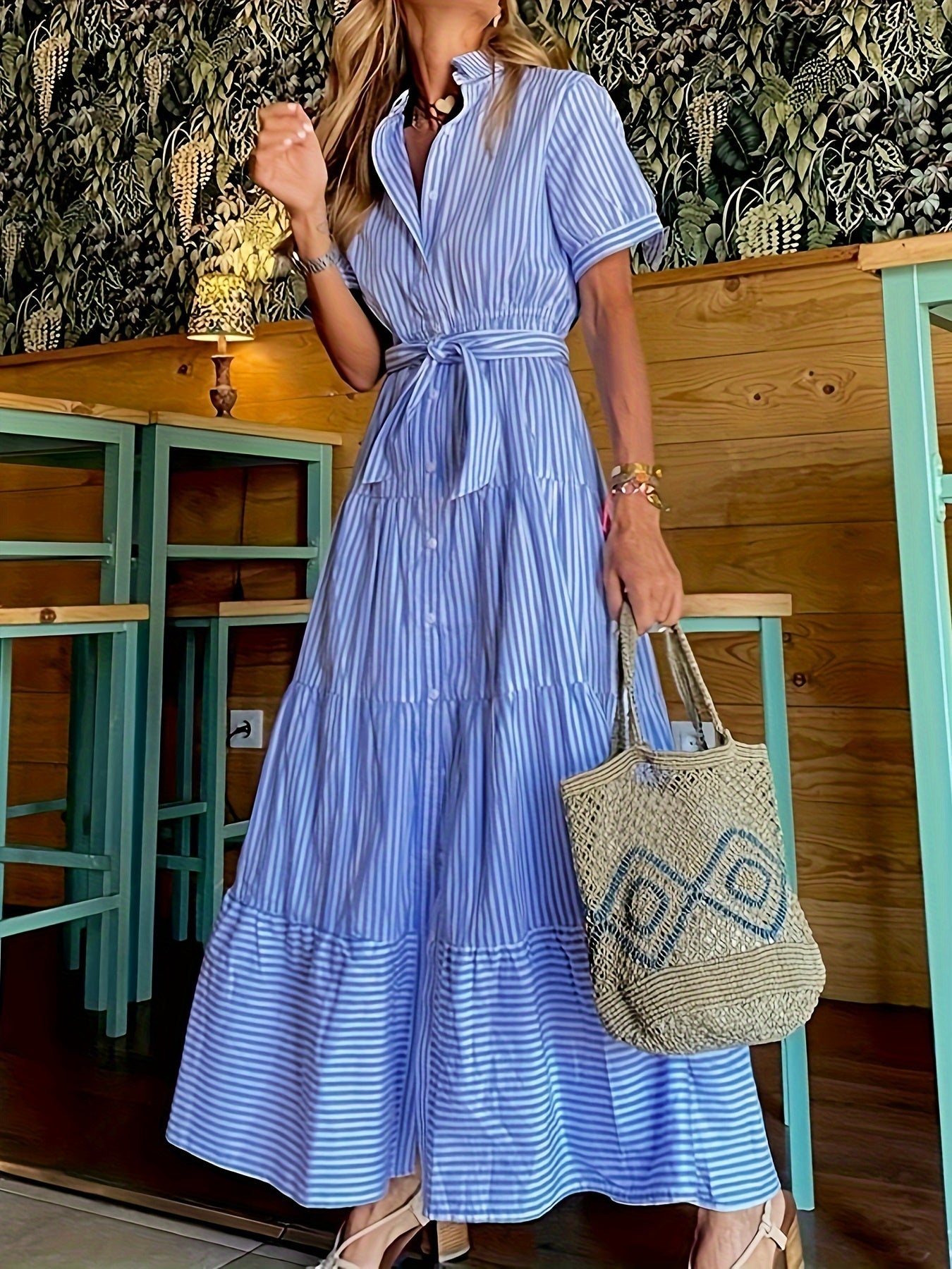 FD492 Summer New Fashion Striped Loose Mid-Length Dress with Short Sleeves