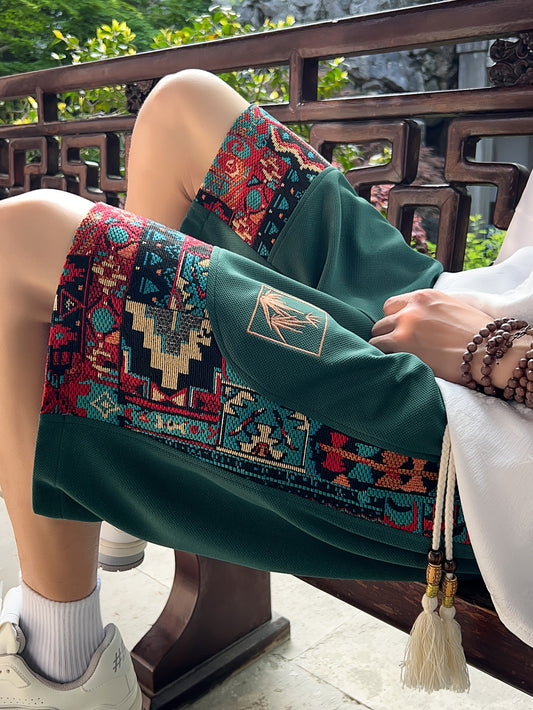 Men's Loose Ethnic Embroidery Graphic Print Shorts With Pockets, Casual Drawstring Shorts For Summer