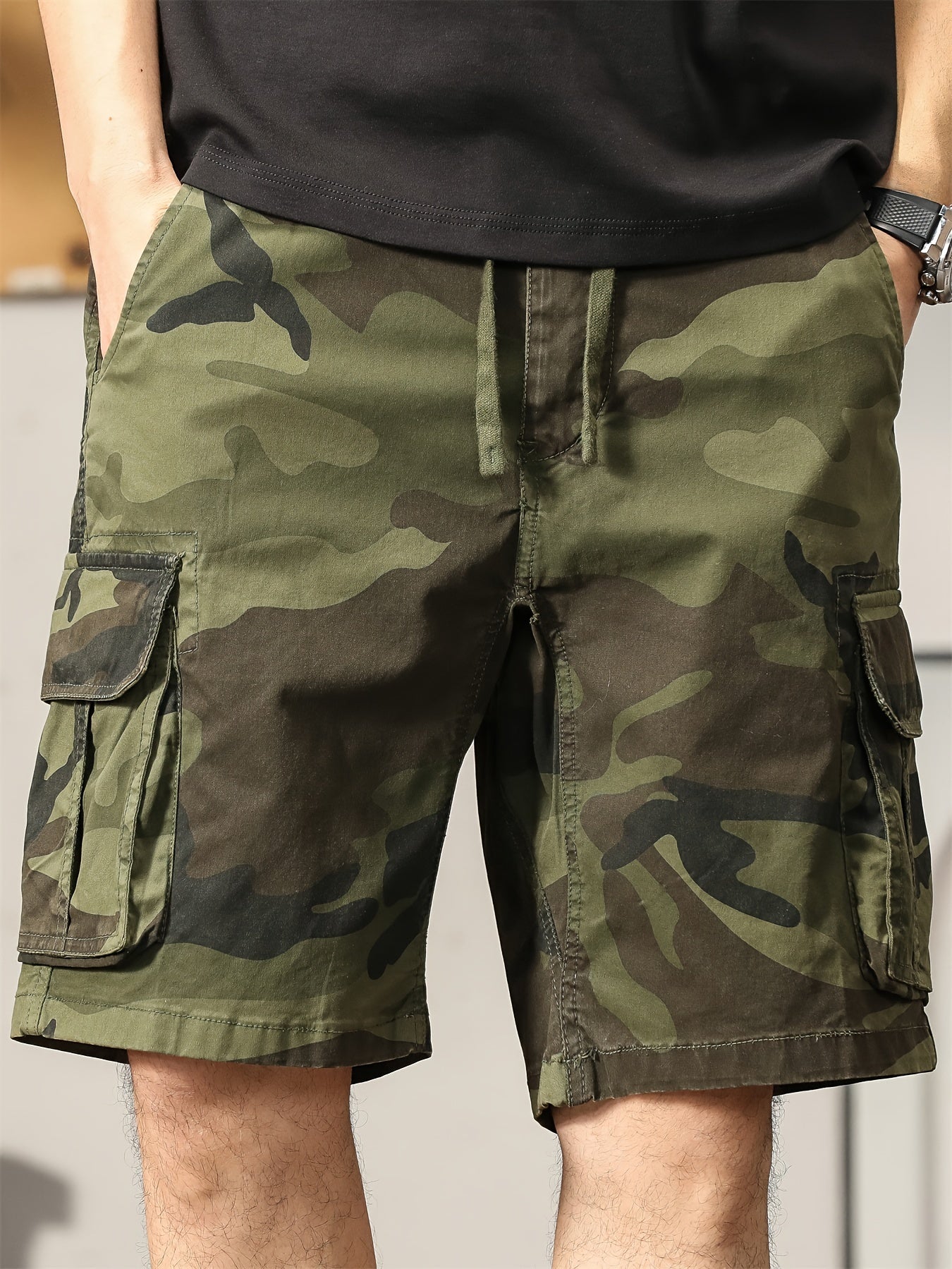 Men's Camouflage Cargo Shorts, Cotton Street Style, Stretch Fabric, Regular Fit, Pocket Detail, Woven Construction