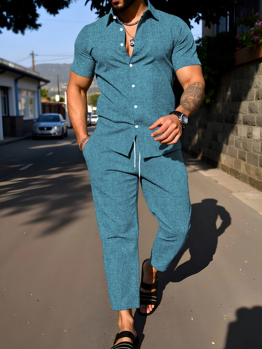 Kebisi 2pcs Men's Solid Color Lapel Short Sleeve Shirt and Long Pants Casual Summer Set