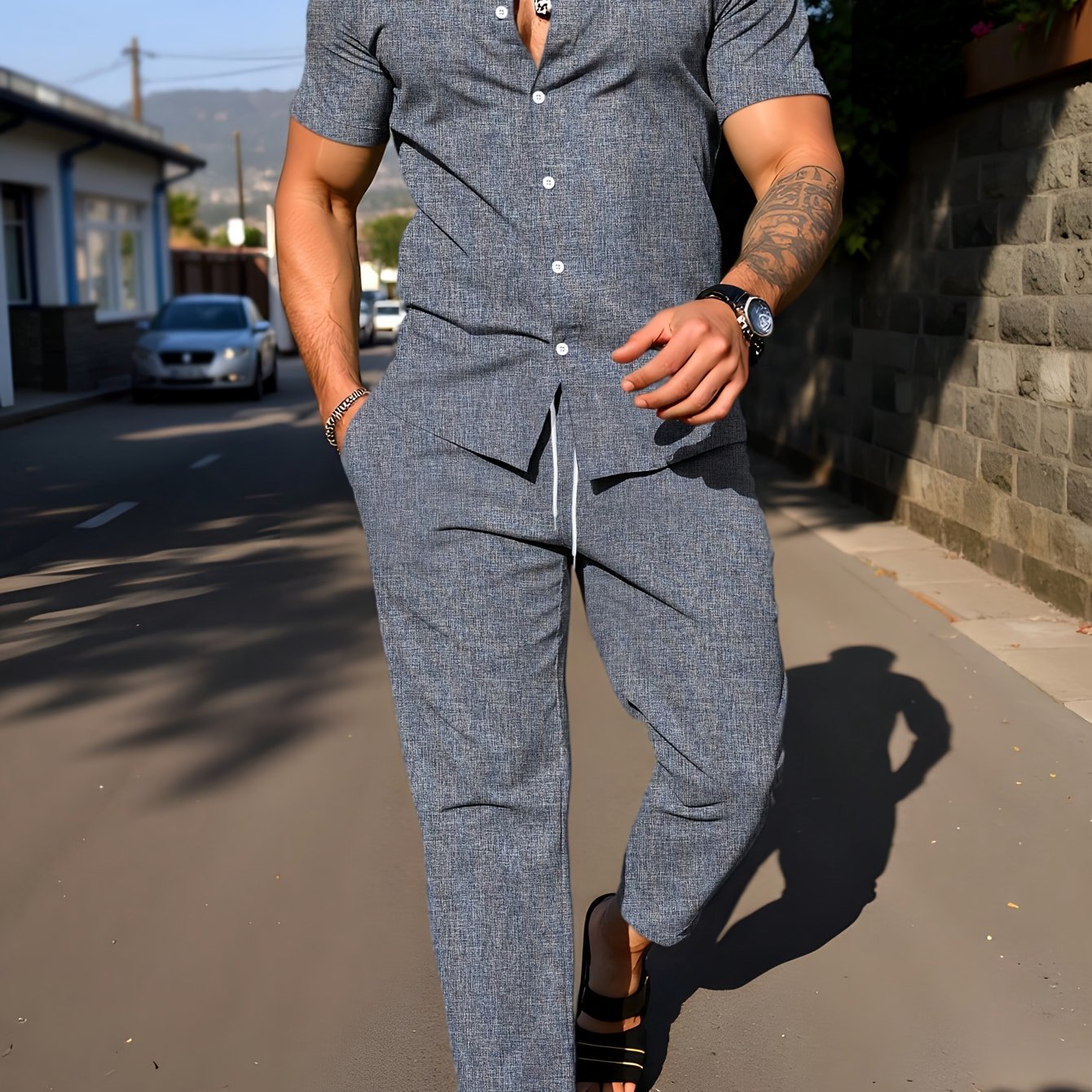 Kebisi 2pcs Men's Solid Color Lapel Short Sleeve Shirt and Long Pants Casual Summer Set