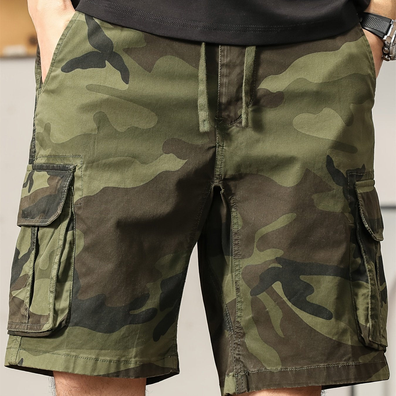 Men's Camouflage Cargo Shorts, Cotton Street Style, Stretch Fabric, Regular Fit, Pocket Detail, Woven Construction