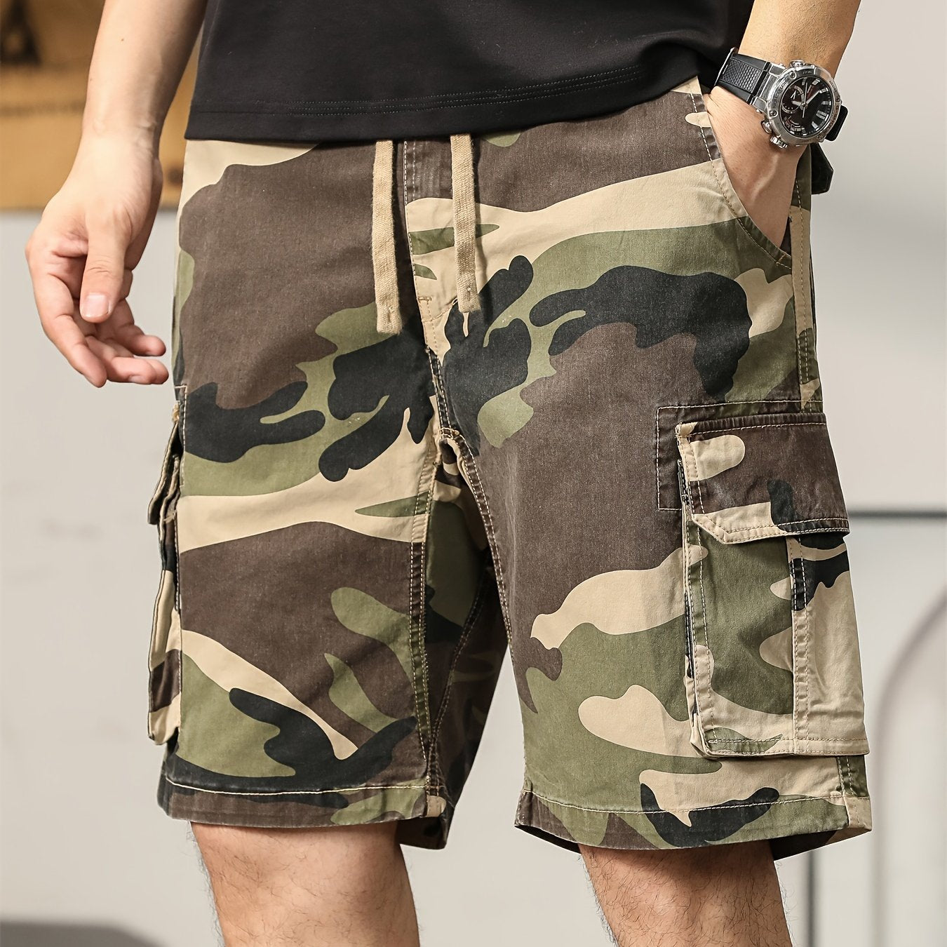 Men's Camouflage Cargo Shorts, Cotton Street Style, Stretch Fabric, Regular Fit, Pocket Detail, Woven Construction