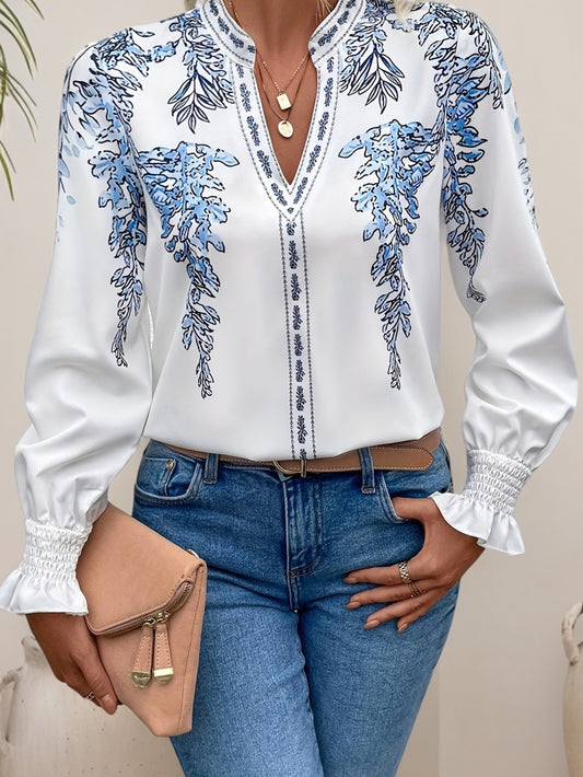 Elegant Floral Print Flounce Sleeve Blouse