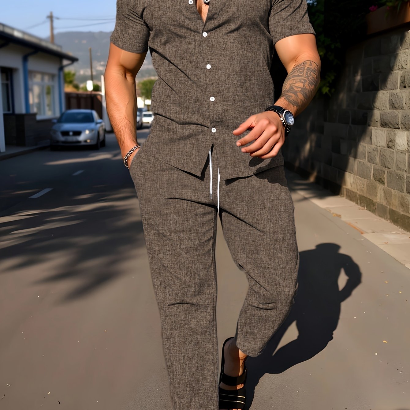 Kebisi 2pcs Men's Solid Color Lapel Short Sleeve Shirt and Long Pants Casual Summer Set