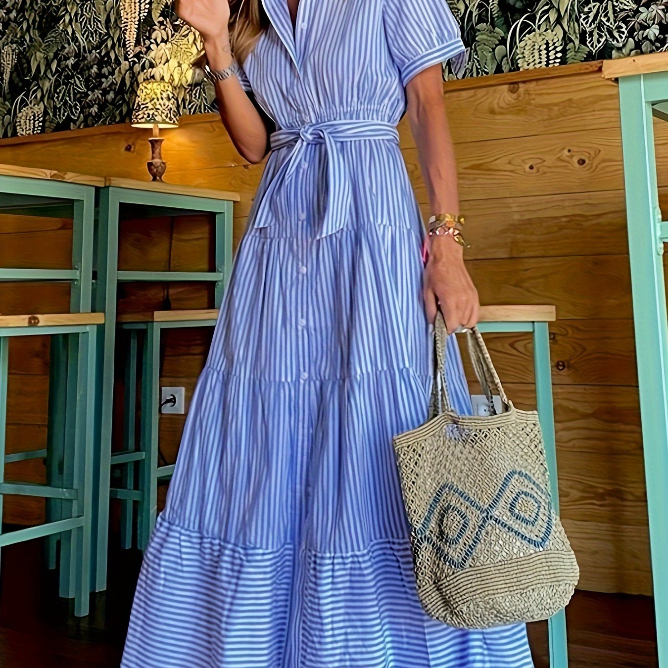 FD492 Summer New Fashion Striped Loose Mid-Length Dress with Short Sleeves