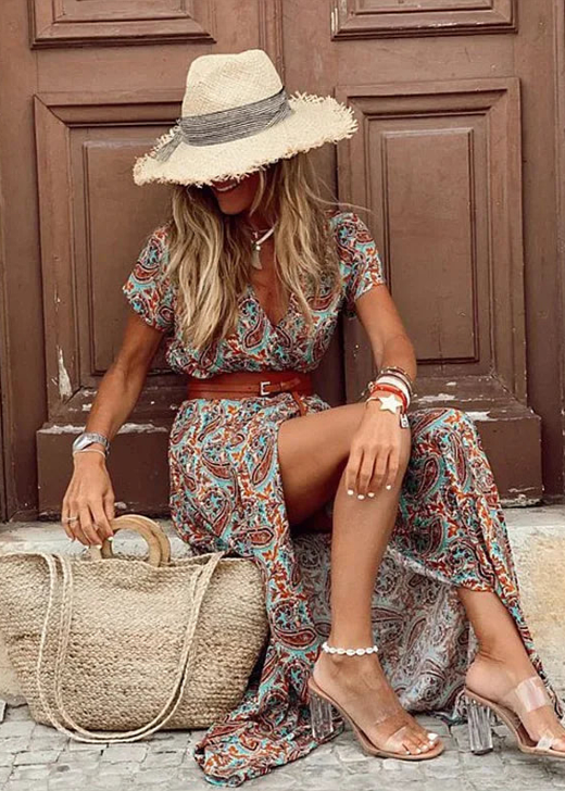 Pucuri™ Robe longue bohème à taille froncée